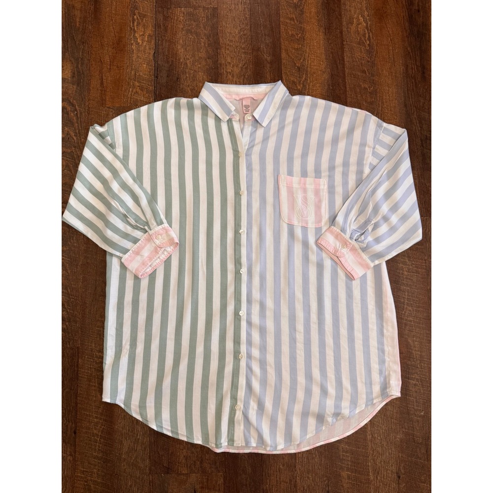 Victoria's Secret XL Sleep Shirt Pastel Striped Modal Button Front Nightshirt